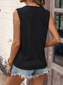 SHEIN LUNE Lapel Neck Button Front Tank Top - Black - View 2