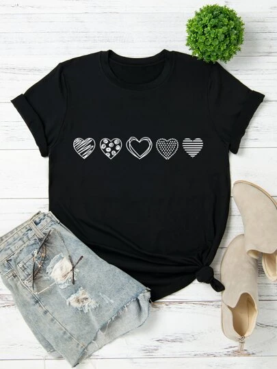 SHEIN LUNE 加心形印花图案 T 恤，女式上衣，夏季