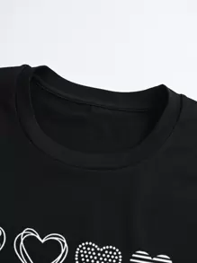 SHEIN LUNE 加心形印花图案 T 恤，女式上衣，夏季 - 黑色 - 查看 5