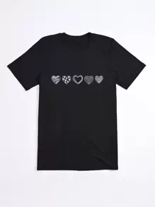 SHEIN LUNE 加心形印花图案 T 恤，女式上衣，夏季 - 黑色 - 查看 6