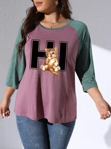 SHEIN LUNE Camiseta con estampado de gato y letra de manga raglán - Rojo violeta - Ver 1