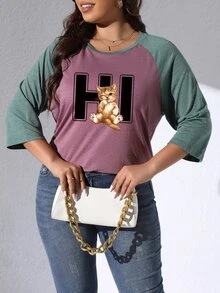 SHEIN LUNE Camiseta con estampado de gato y letra de manga raglán - Rojo violeta - Ver 4