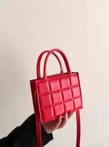 時尚迷你方形手提包，新風格，純色格子紋路，休閒女式袋，多功能肩背包 - 酒紅色 - 查看 1