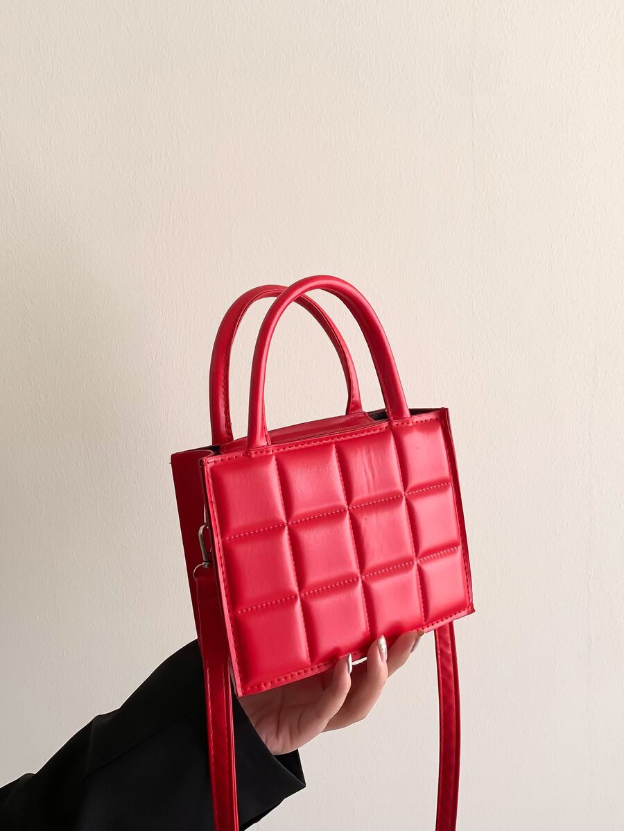 時尚迷你方形手提包，新風格，純色格子紋路，休閒女式袋，多功能肩背包 - 酒紅色 - 查看 1