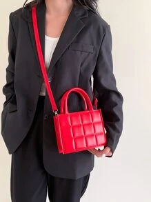 時尚迷你方形手提包，新風格，純色格子紋路，休閒女式袋，多功能肩背包 - 酒紅色 - 查看 2