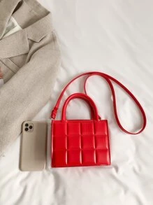 時尚迷你方形手提包，新風格，純色格子紋路，休閒女式袋，多功能肩背包 - 酒紅色 - 查看 5