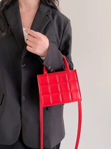 時尚迷你方形手提包，新風格，純色格子紋路，休閒女式袋，多功能肩背包 - 酒紅色 - 查看 6