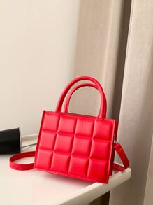 時尚迷你方形手提包，新風格，純色格子紋路，休閒女式袋，多功能肩背包 - 酒紅色 - 查看 7