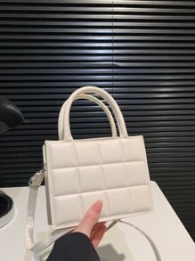 Mini Fashionable Plaid Stitching Square Shoulder Bag, Solid Color, Versatile Casual Women's Bag, Shoulder And Crossbody Small Bag - Beige - View 1