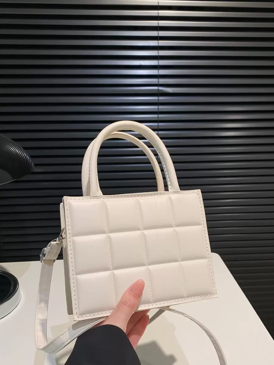 Mini Fashionable Plaid Stitching Square Shoulder Bag, Solid Color, Versatile Casual Women's Bag, Shoulder And Crossbody Small Bag - Beige - View 1