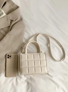 Mini Fashionable Plaid Stitching Square Shoulder Bag, Solid Color, Versatile Casual Women's Bag, Shoulder And Crossbody Small Bag - Beige - View 5