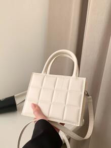 Mini Fashionable Plaid Stitching Square Shoulder Bag, Solid Color, Versatile Casual Women's Bag, Shoulder And Crossbody Small Bag - Beige - View 6