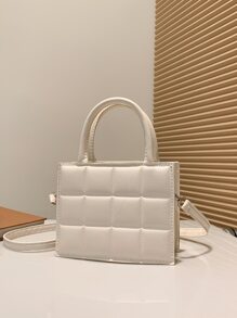 Mini Fashionable Plaid Stitching Square Shoulder Bag, Solid Color, Versatile Casual Women's Bag, Shoulder And Crossbody Small Bag - Beige - View 7