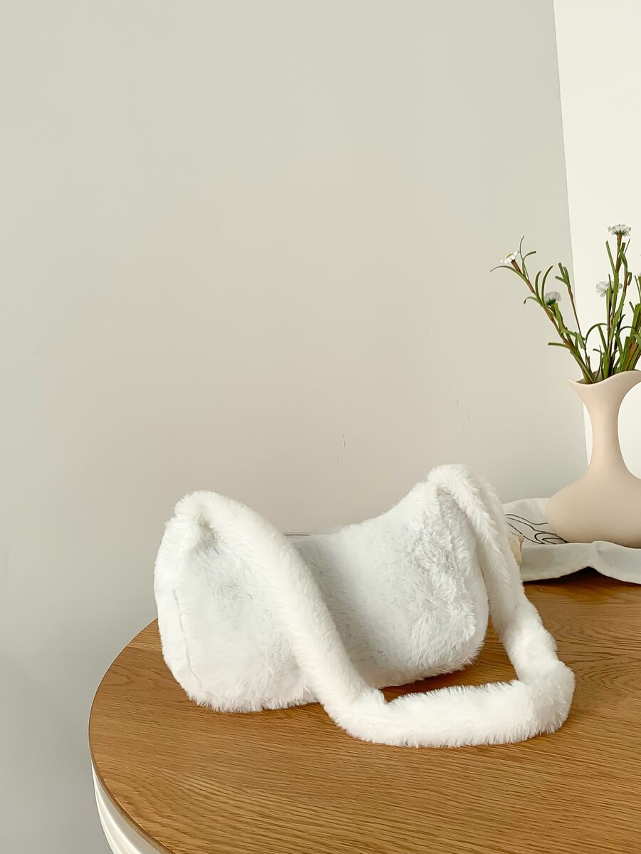 Fuzzy, Soft, Plush Minimalist Fluffy Hobo Bag For Girls, Women, College Students, Rookies & White-collar Workers For Work, Office, Commute, For Autumn & Winter, Warm Winter, Outdoors - White - View 1