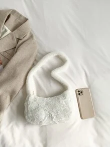 Fuzzy, Soft, Plush Minimalist Fluffy Hobo Bag For Girls, Women, College Students, Rookies & White-collar Workers For Work, Office, Commute, For Autumn & Winter, Warm Winter, Outdoors - White - View 5