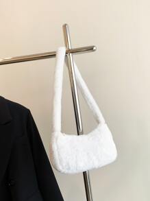 Fuzzy, Soft, Plush Minimalist Fluffy Hobo Bag For Girls, Women, College Students, Rookies & White-collar Workers For Work, Office, Commute, For Autumn & Winter, Warm Winter, Outdoors - White - View 6