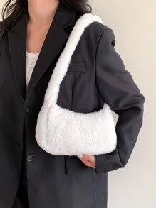 Fuzzy, Soft, Plush Minimalist Fluffy Hobo Bag For Girls, Women, College Students, Rookies & White-collar Workers For Work, Office, Commute, For Autumn & Winter, Warm Winter, Outdoors - White - View 8