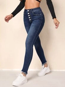 Button Fly Raw Hem Skinny Jeans - Dark Wash - View 2