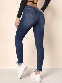 Button Fly Raw Hem Skinny Jeans - Dark Wash - View 3