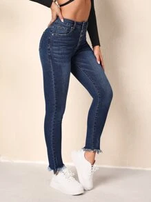 Button Fly Raw Hem Skinny Jeans - Dark Wash - View 1