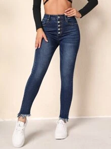 Button Fly Raw Hem Skinny Jeans - Dark Wash - View 5
