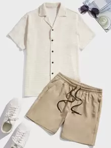 GENTILAND Loose Fit Men Textured Knit Shirt & Drawstring Waist Shorts - Khaki - View 1