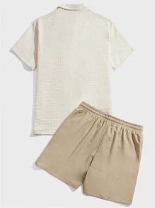 GENTILAND Loose Fit Men Textured Knit Shirt & Drawstring Waist Shorts - Khaki - View 2