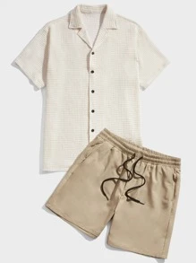 GENTILAND Loose Fit Men Textured Knit Shirt & Drawstring Waist Shorts - Khaki - View 5