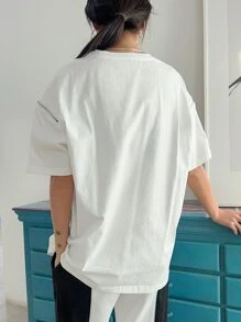 DAZY 素色落肩袖拉鏈細節T恤 - 白色 - 查看 2
