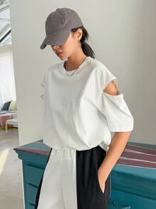 DAZY 素色落肩袖拉鏈細節T恤 - 白色 - 查看 3