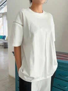 DAZY 素色落肩袖拉鏈細節T恤 - 白色 - 查看 4