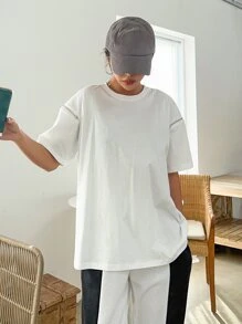 DAZY 素色落肩袖拉鏈細節T恤 - 白色 - 查看 5