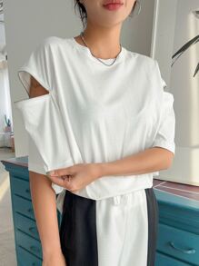 DAZY 素色落肩袖拉鏈細節T恤 - 白色 - 查看 7