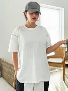 DAZY 素色落肩袖拉鏈細節T恤 - 白色 - 查看 8