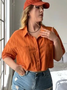 SHEIN EZwear 大碼落肩袖口袋貼布襯衫 - 亮橙色 - 查看 1