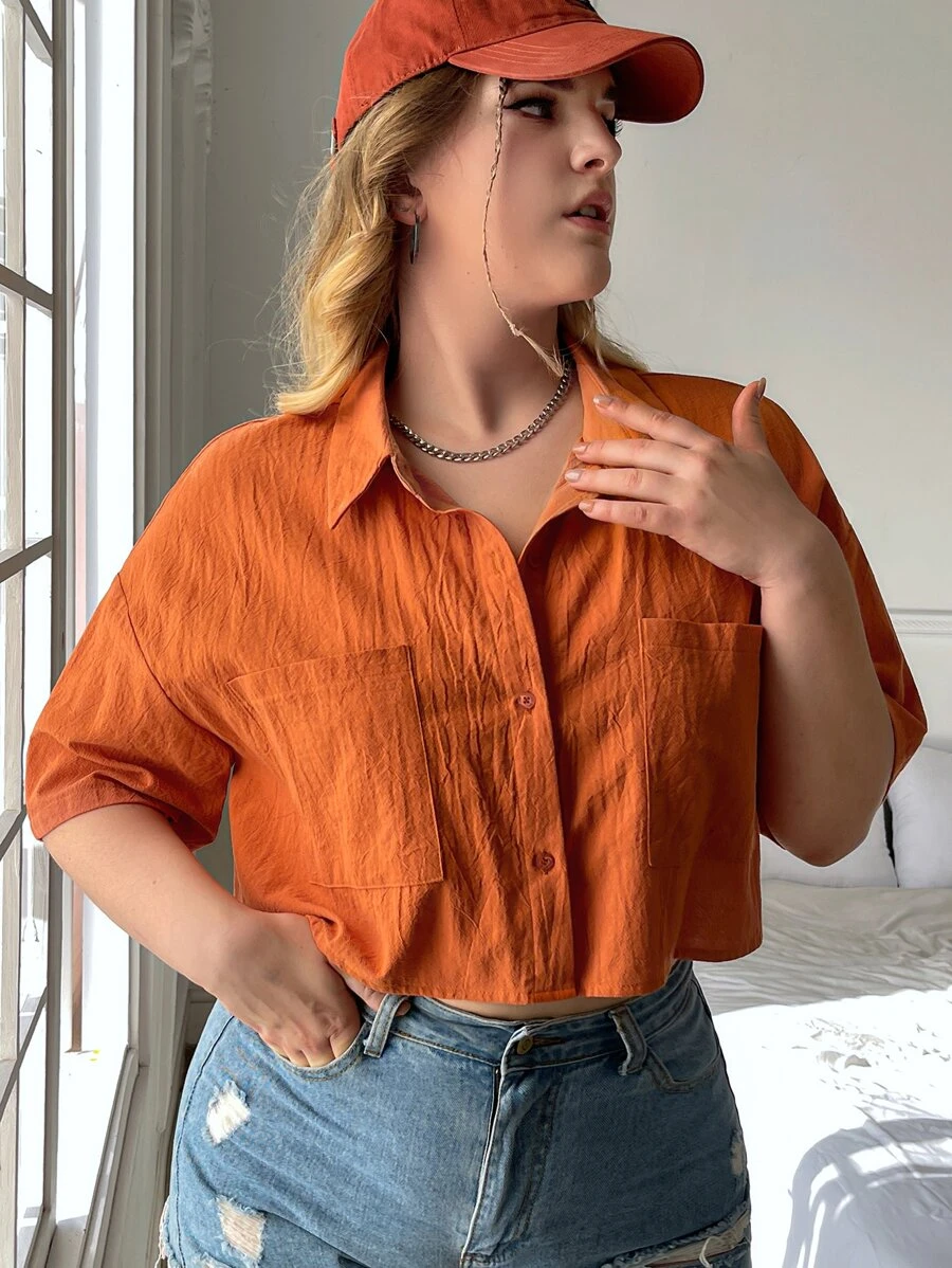 SHEIN EZwear 大碼落肩袖口袋貼布襯衫 - 亮橙色 - 查看 1