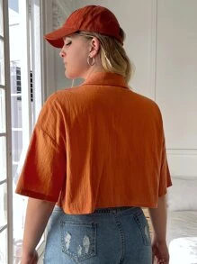 SHEIN EZwear 大碼落肩袖口袋貼布襯衫 - 亮橙色 - 查看 2