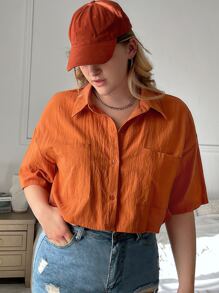 SHEIN EZwear 大碼落肩袖口袋貼布襯衫 - 亮橙色 - 查看 4