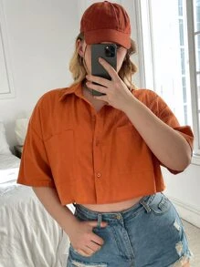 SHEIN EZwear 大碼落肩袖口袋貼布襯衫 - 亮橙色 - 查看 6