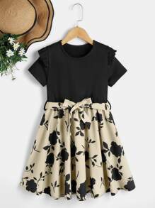 Girls Floral Print Ruffle Trim Dress - Multicolor - View 1