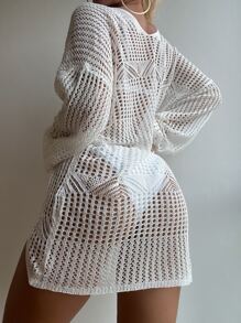 SHEIN Swim Summer Beach Hollow Out Kimono - White - View 2