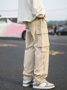 Manfinity Hypemode Men Flap Pocket Side Drawstring Waist Cargo Trousers - Beige - View 2