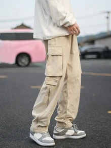 Manfinity Hypemode Men Flap Pocket Side Drawstring Waist Cargo Trousers - Beige - View 4
