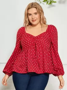 SHEIN VCAY Plus Heart Print Sweetheart Neck Drawstring Front Peplum Blouse - Red - View 1