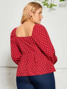 SHEIN VCAY Plus Heart Print Sweetheart Neck Drawstring Front Peplum Blouse - Red - View 2