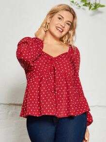 SHEIN VCAY Plus Heart Print Sweetheart Neck Drawstring Front Peplum Blouse - Red - View 4