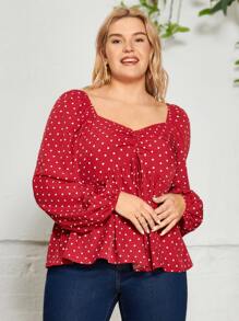 SHEIN VCAY Plus Heart Print Sweetheart Neck Drawstring Front Peplum Blouse - Red - View 6