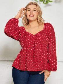 SHEIN VCAY Plus Heart Print Sweetheart Neck Drawstring Front Peplum Blouse - Red - View 3