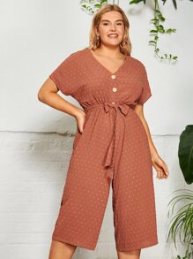 SHEIN VCAY 大碼前紐扣圓點腰帶連身褲 - 亮橙色 - 查看 3