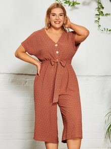 SHEIN VCAY 大碼前紐扣圓點腰帶連身褲 - 亮橙色 - 查看 4